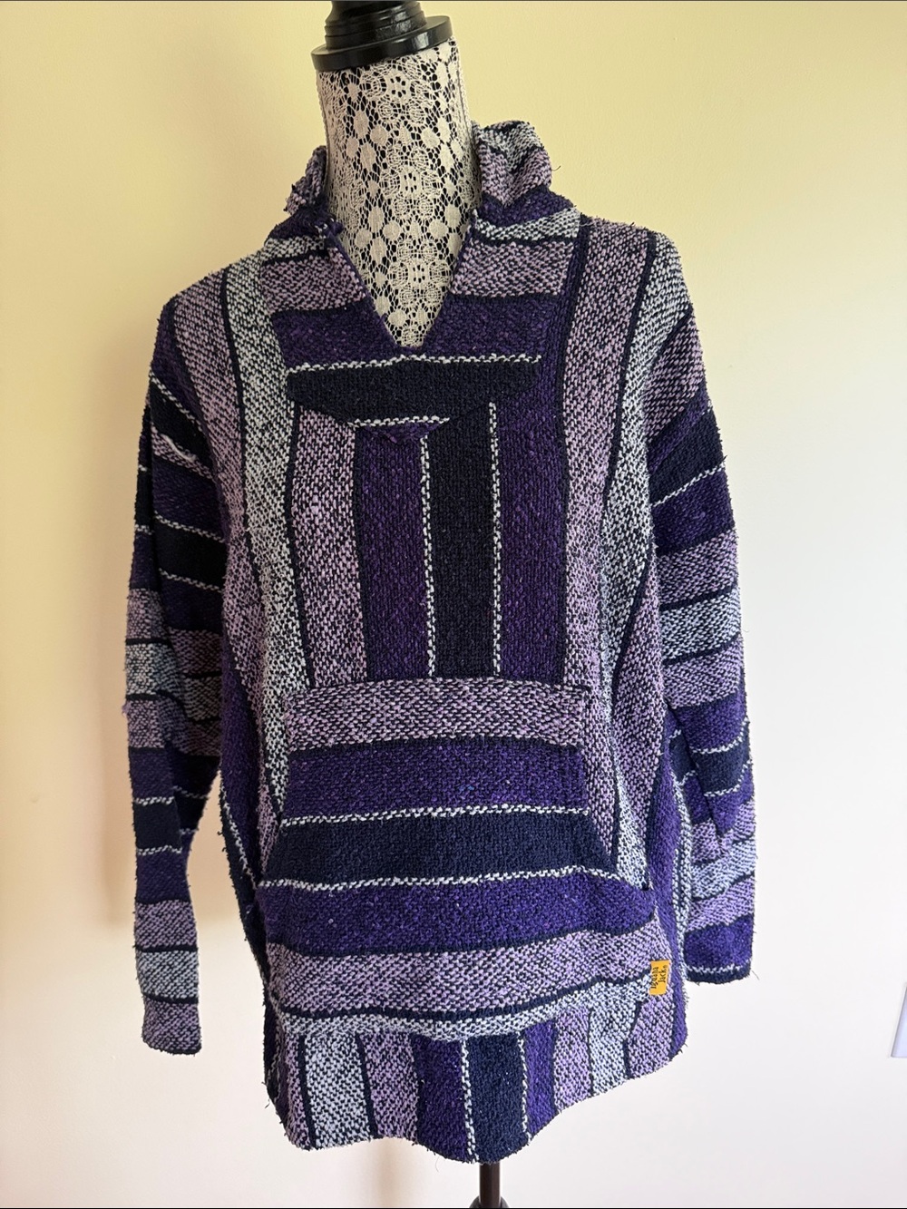Woven Striped Crewneck Sweater Hoodie - Purple/Black